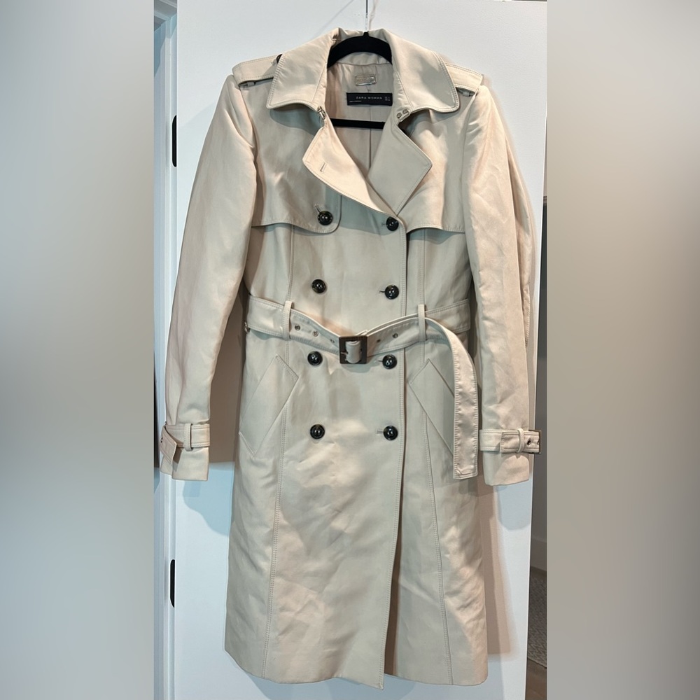 Zara Beige Double Breasted Trench Coat with Belt (w/ two small stains)